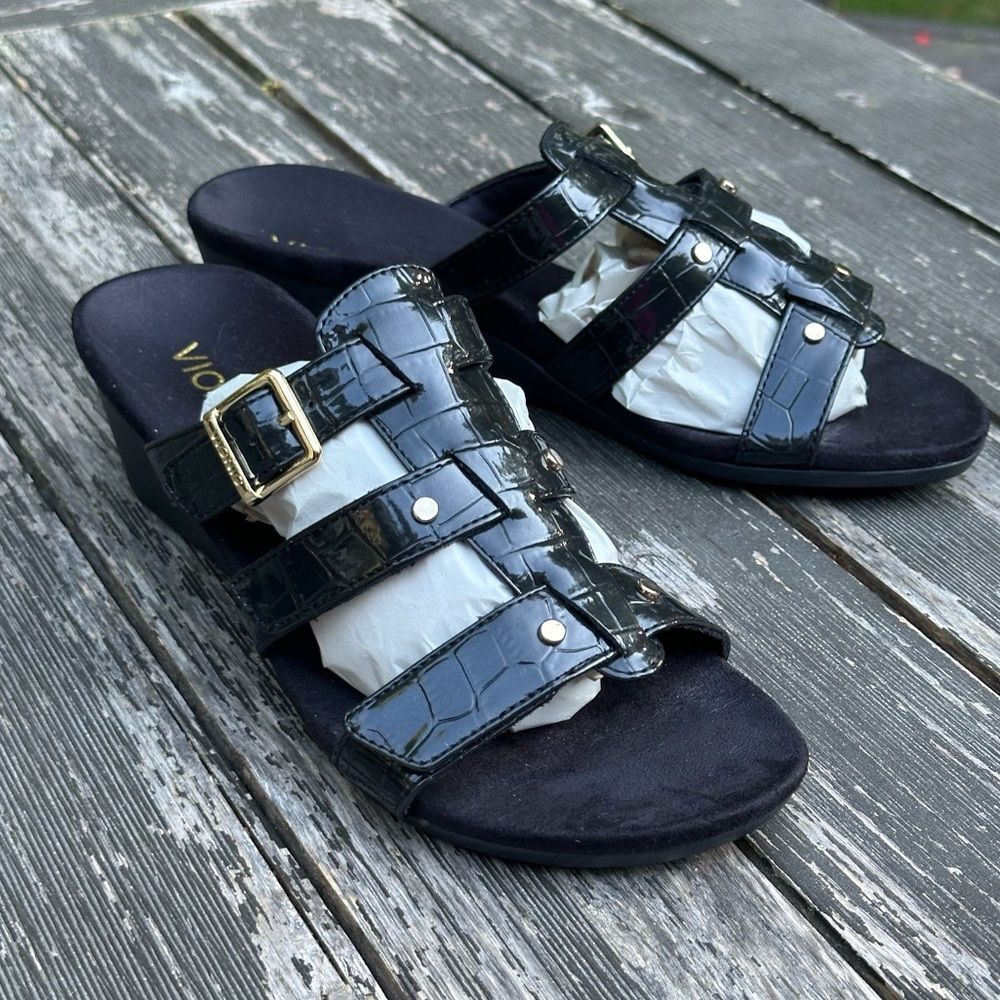 Vionic Radia Black Patent Leather Crocodile Sandals Womens Size 7 Buckle